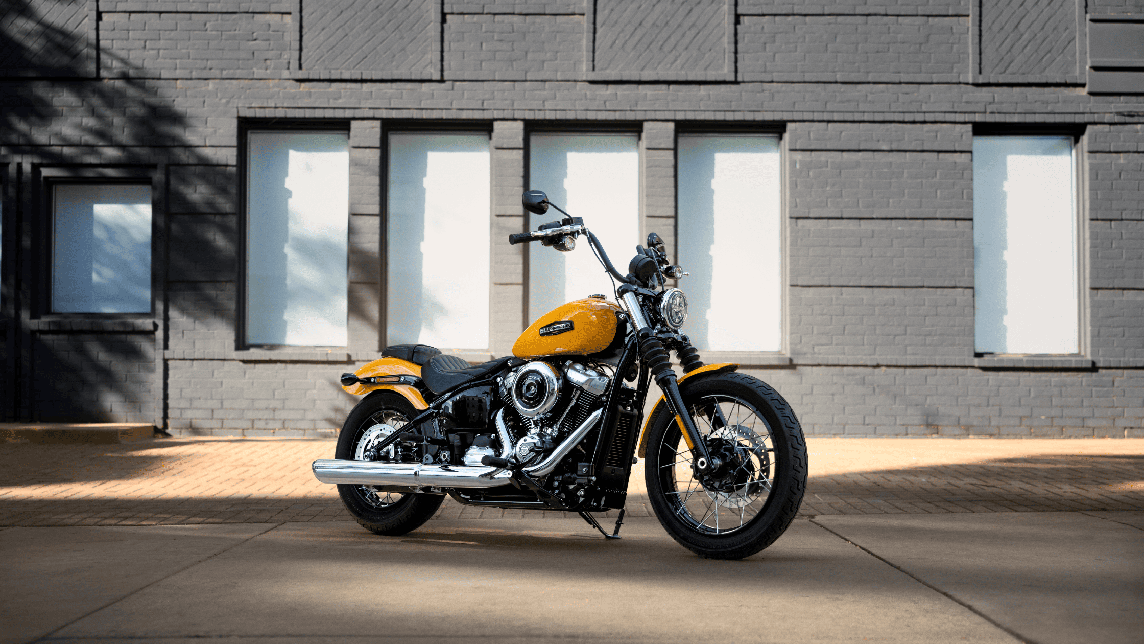 2025 Harley-Davidson Street Bob motorcycle parked in front of a gray brick building.